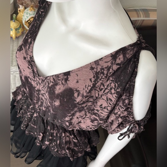 Free People Rayon Linen Crop Top - Tie Dye Dolman Sleeves in Mauve Brown Size XS - Picture 3 of 7